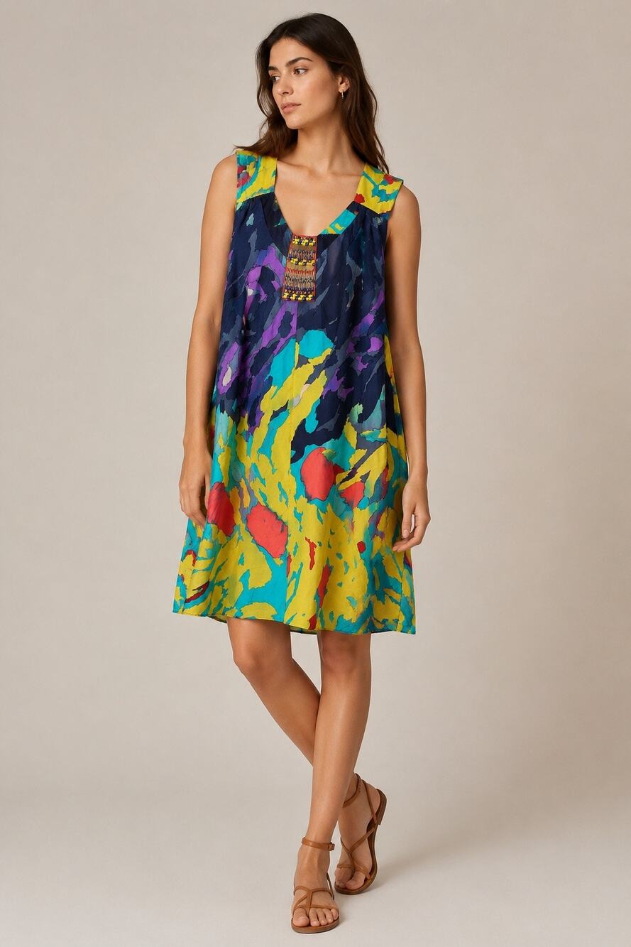 TIBI New York Silk Beaded Shift Dress Abstract Print Sleeveless Size 4